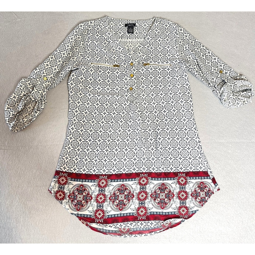 Rue21 Patterned Blouse 3/4 Roll Sleeve Boho Hippie‎ Red Blue